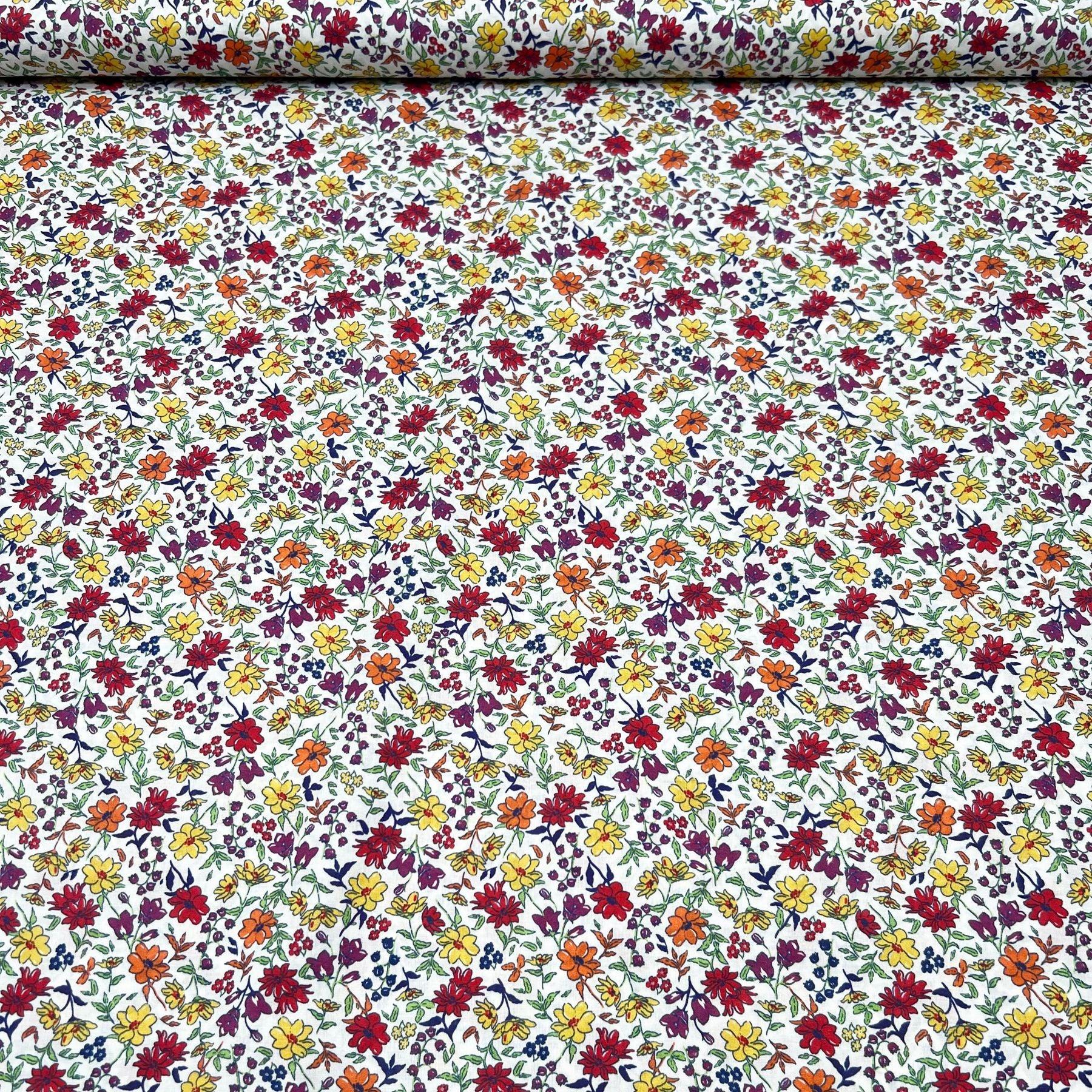 Tissu coton suisse fleurs pivoine rouge et ocre