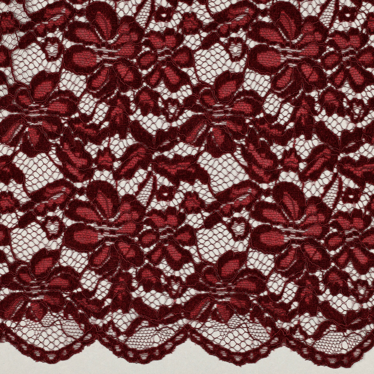 Tissu dentelle bordeaux fleurie à bord festonné