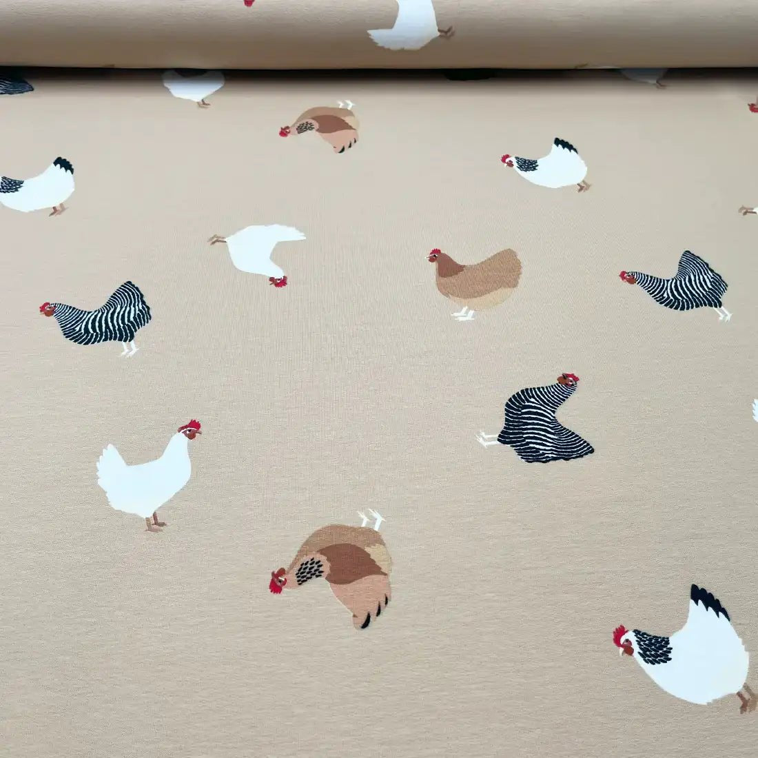 Tissu French Terry Poules Champêtres