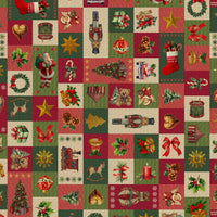 Tissu gobelin patchwork de Noël classique : casse-noisette, nounours, cloches et pommes de pin