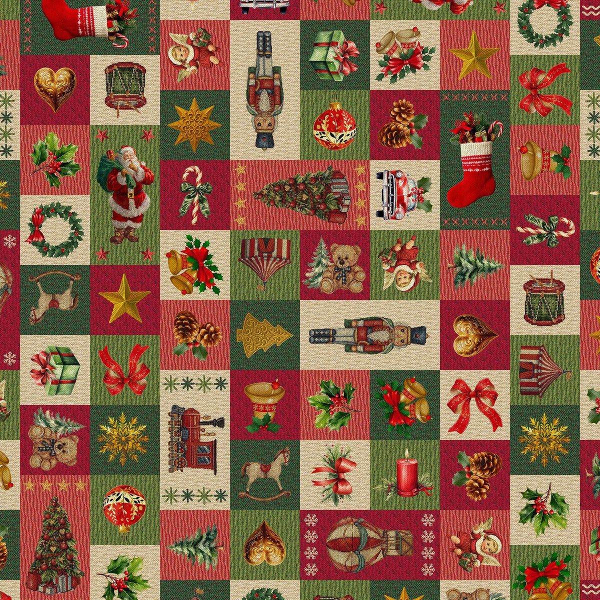 Tissu gobelin patchwork de Noël classique : casse-noisette, nounours, cloches et pommes de pin