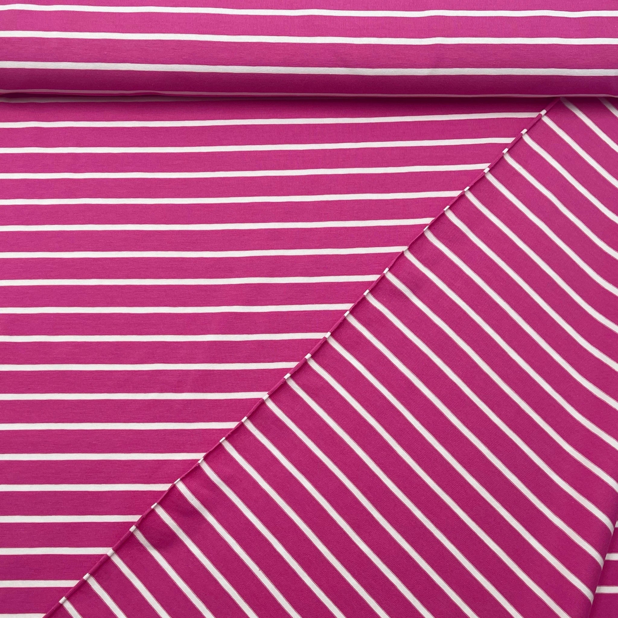 Tissu Jersey Coton ligné marin rose