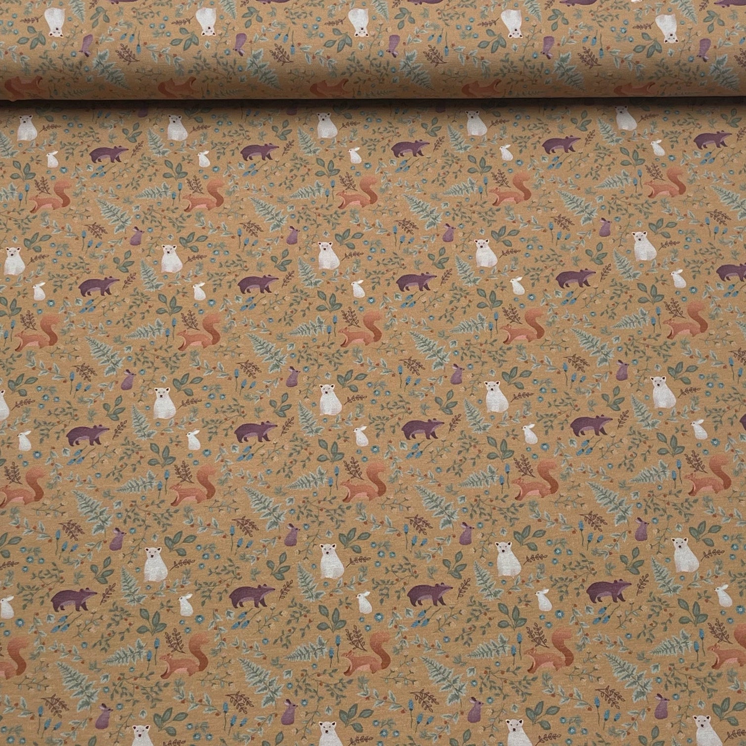 Tissu Jersey de Coton animaux de la forêt avec fond Ocre3