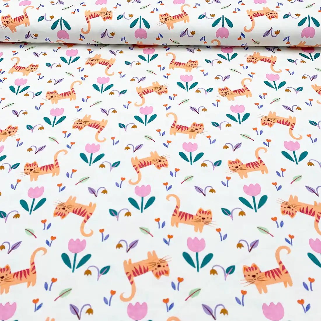 Tissu Jersey de Coton Chats et Fleurs
