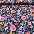 Tissu jersey de coton "Fleurs romantique " violet & rose sur fond noir