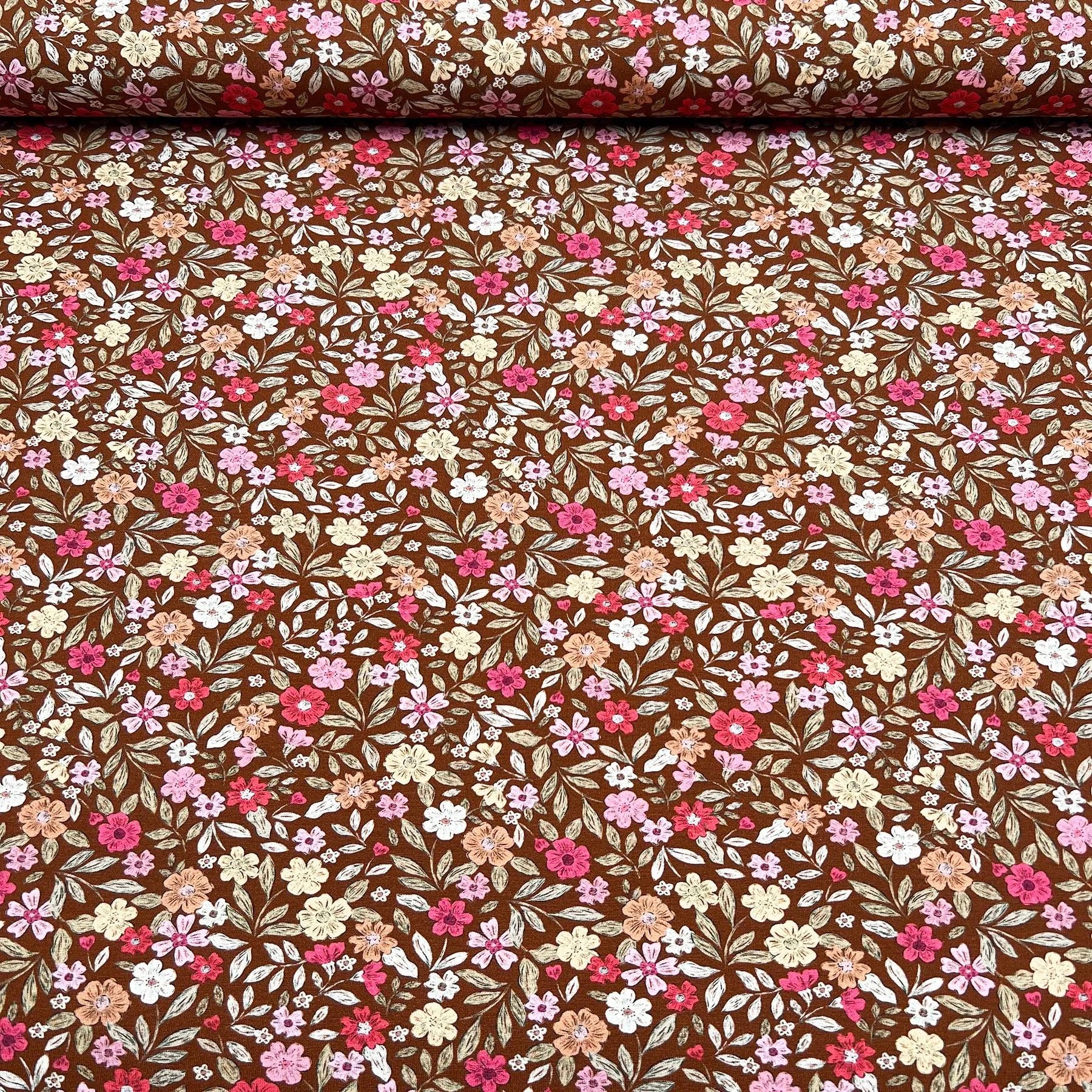 Tissu Jersey de coton floral fond de terre