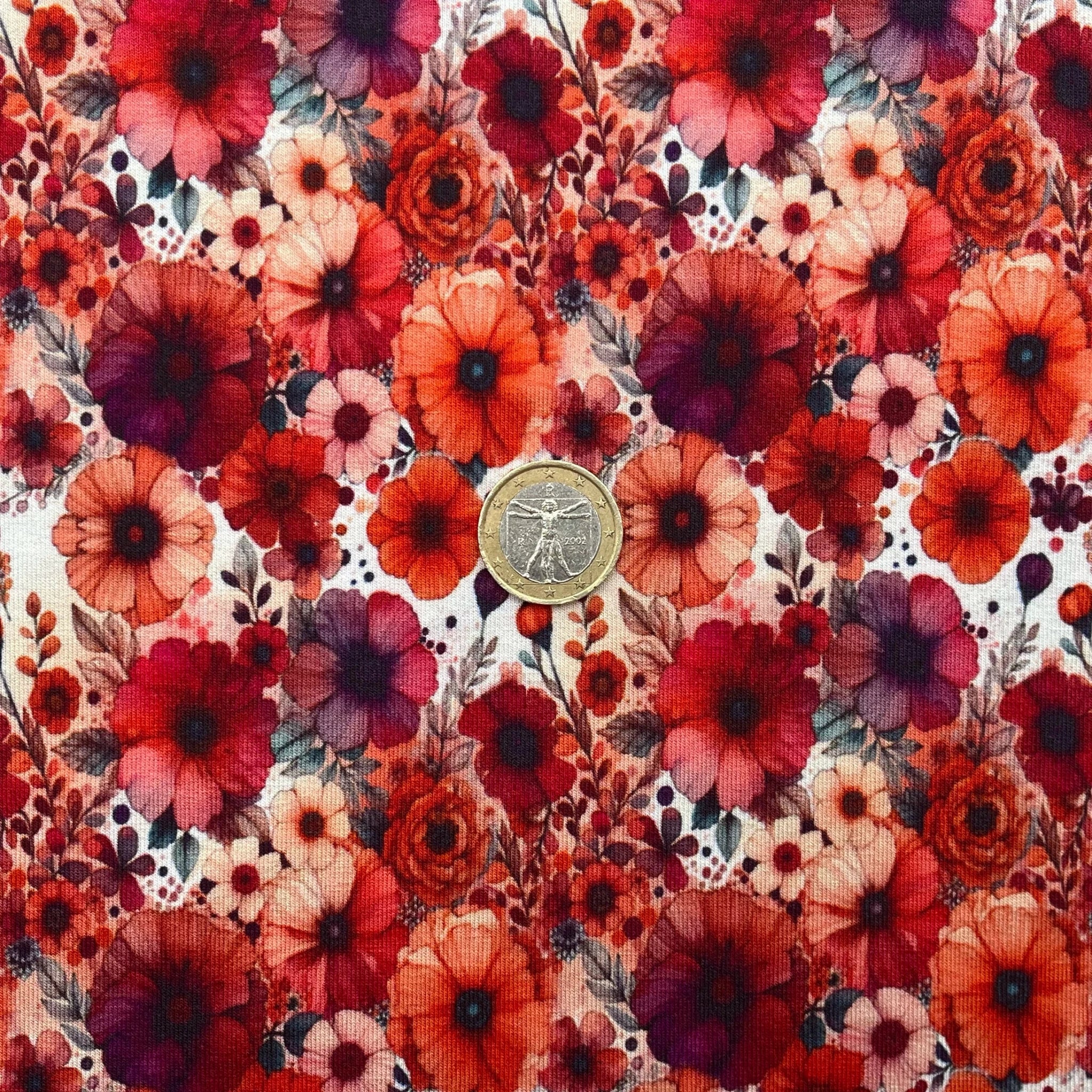 Tissu Jersey de Coton jardin de fleurs rouge