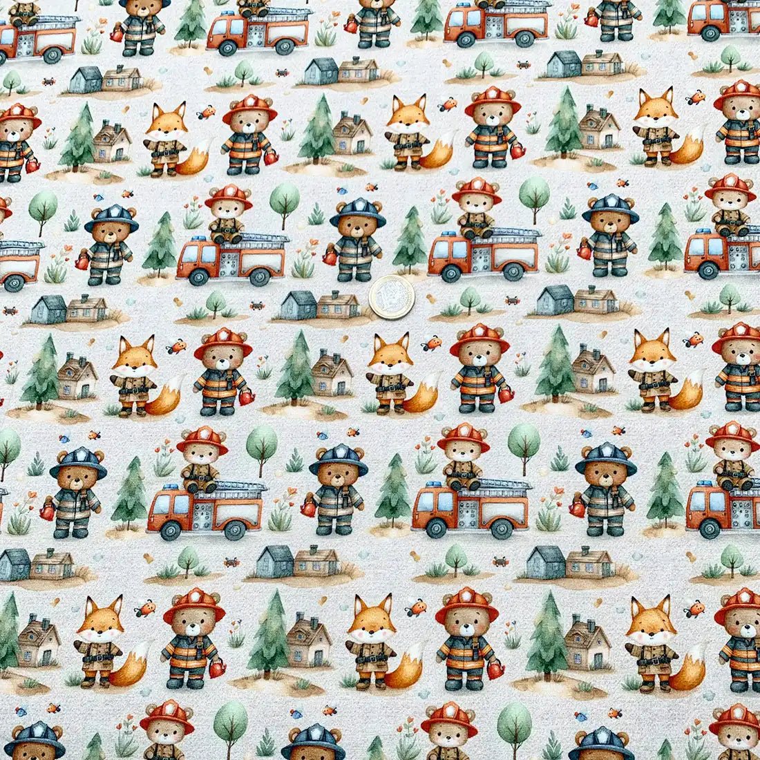 Tissu Jersey de Coton Petits Animaux Pompiers et Forêt