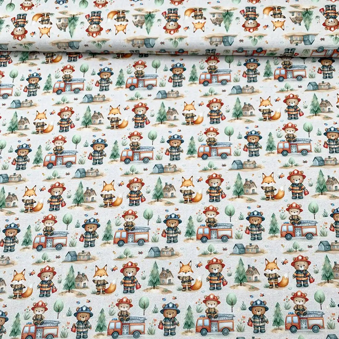 Tissu Jersey de Coton Petits Animaux Pompiers et Forêt