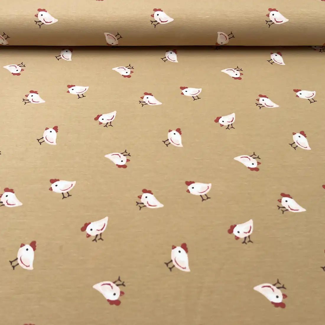 Tissu Jersey Poulettes Ludiques sur Fond Taupe