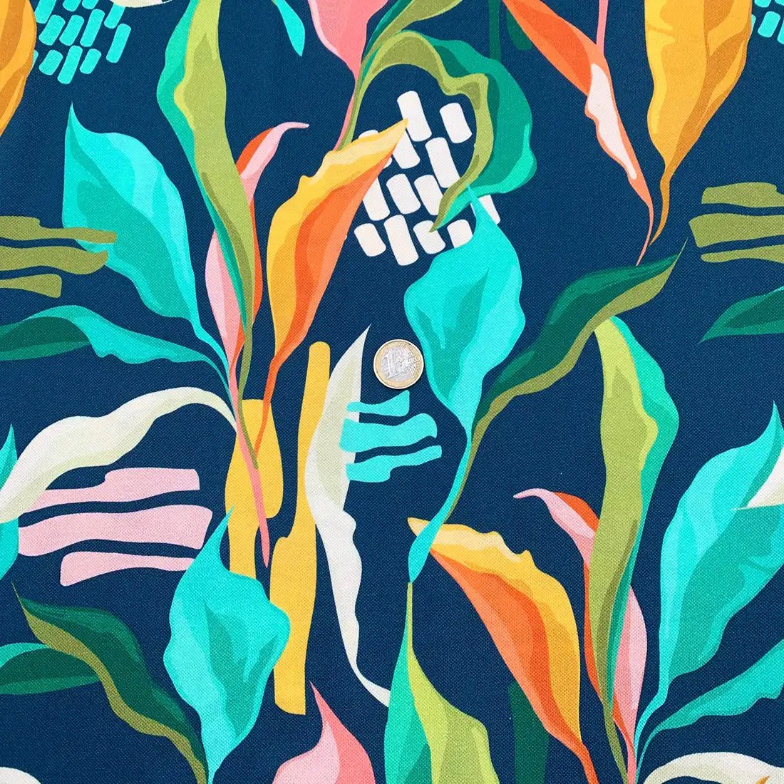 Tissu Piqué de Coton Bleu Marine Imprimé Feuille