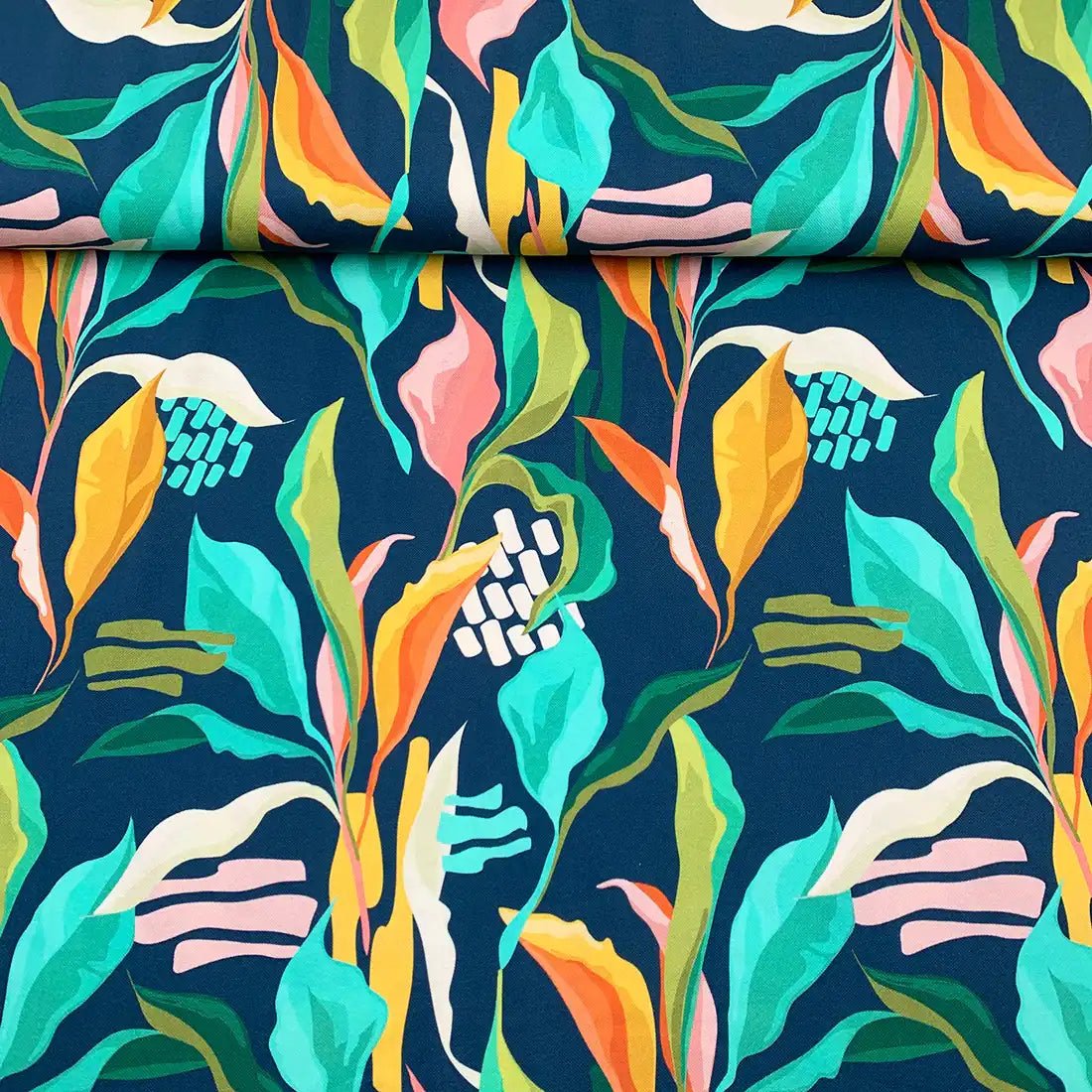 Tissu Piqué de Coton Bleu Marine Imprimé Feuille