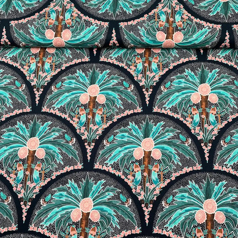 Tissu Popeline de Coton Cocotiers et Oiseaux