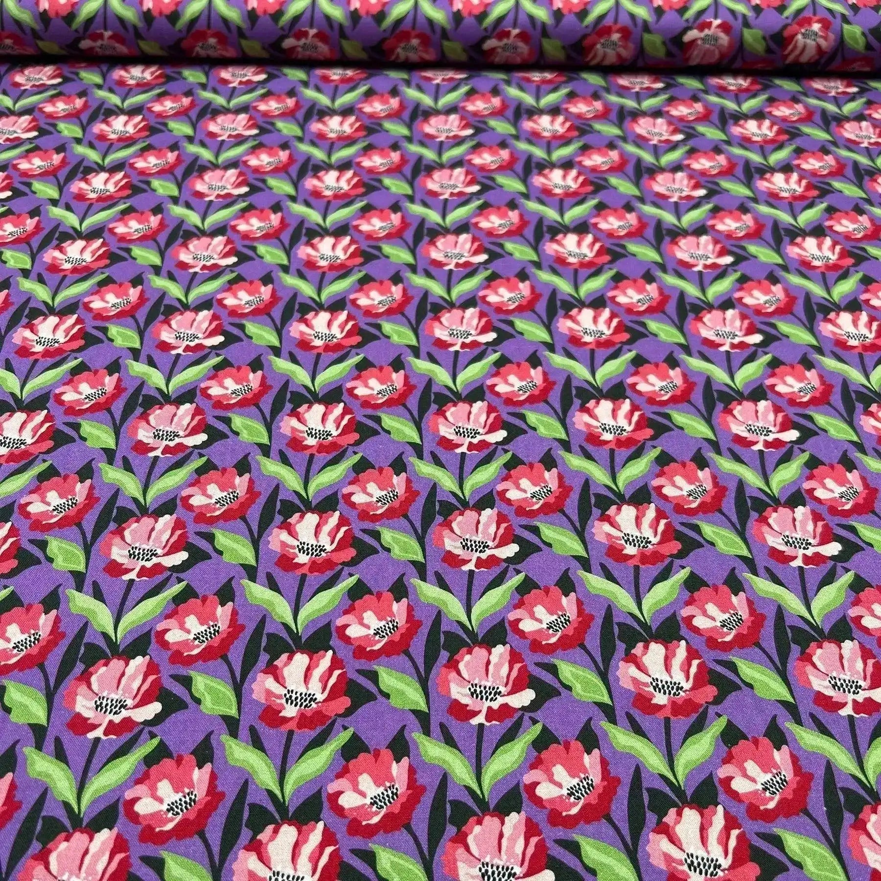 Tissu Popeline de coton coquelicot fond violet