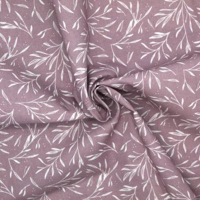 Tissu Popeline de coton feuillage blanc sur fond mauve