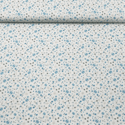 Tissu Popeline de coton fleurs bleues et vertes
