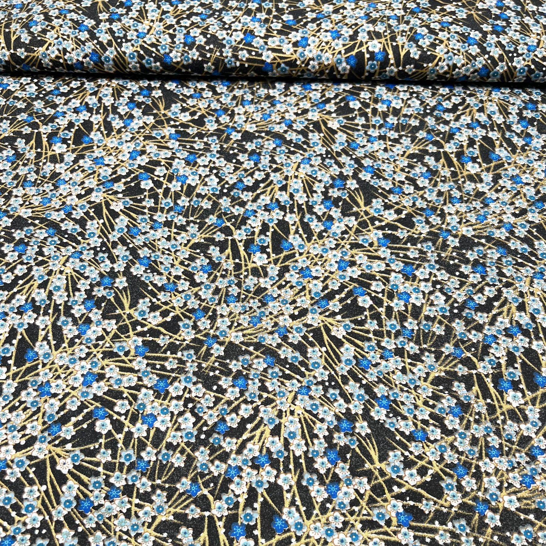 Tissu Popeline de coton fleurs japonais bleu et doré