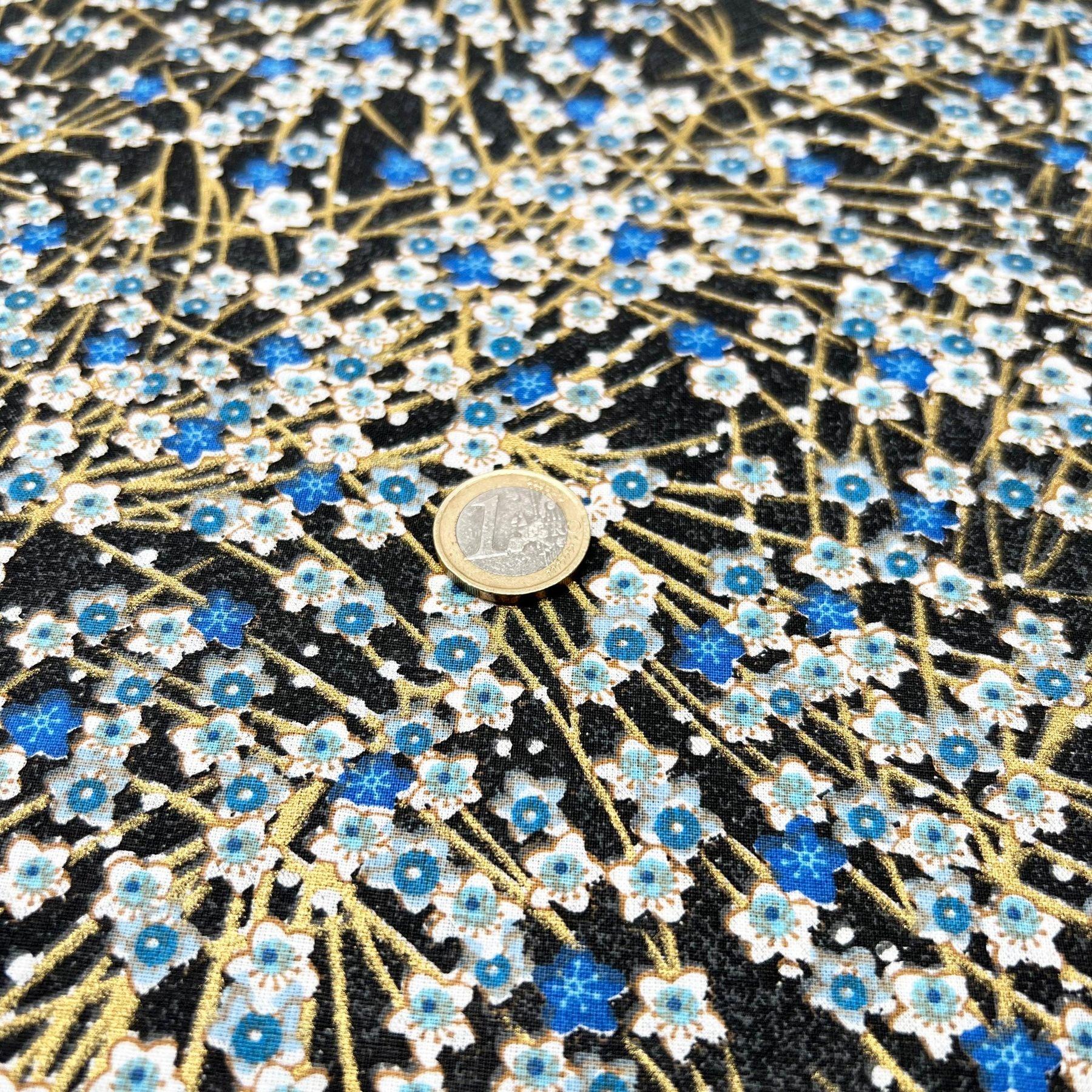 Tissu Popeline de coton fleurs japonais bleu et doré