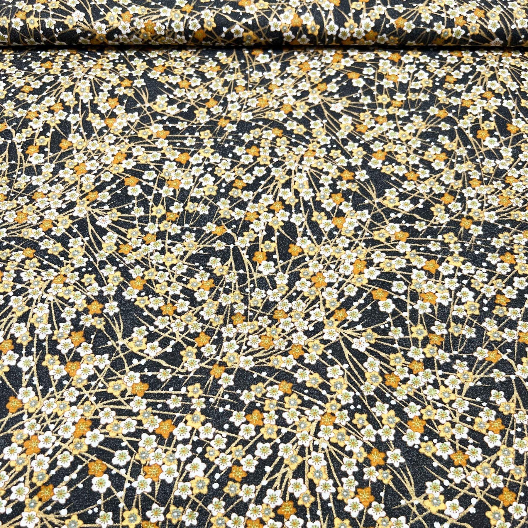 Tissu Popeline de coton fleurs japonais ocre et doré