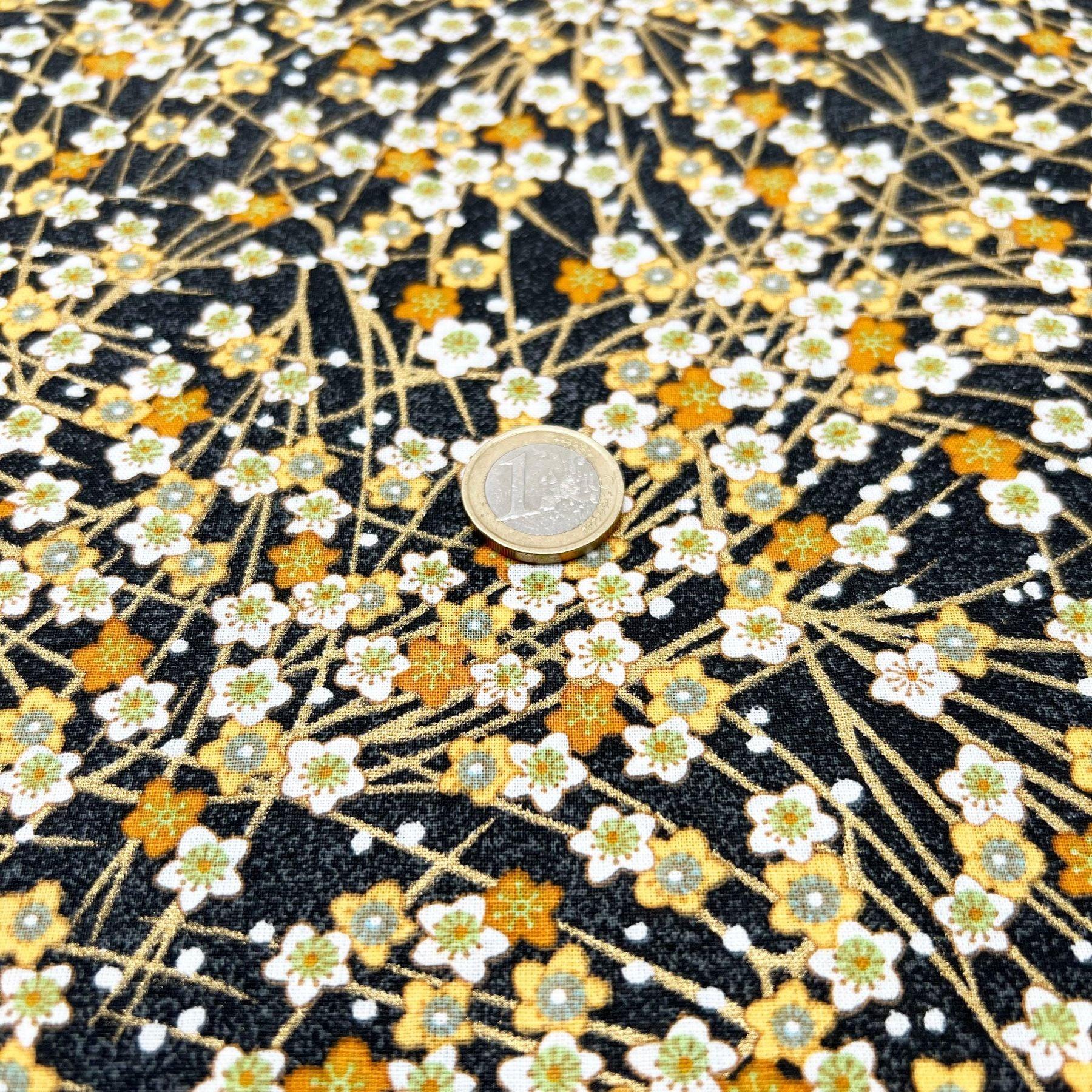 Tissu Popeline de coton fleurs japonais ocre et doré