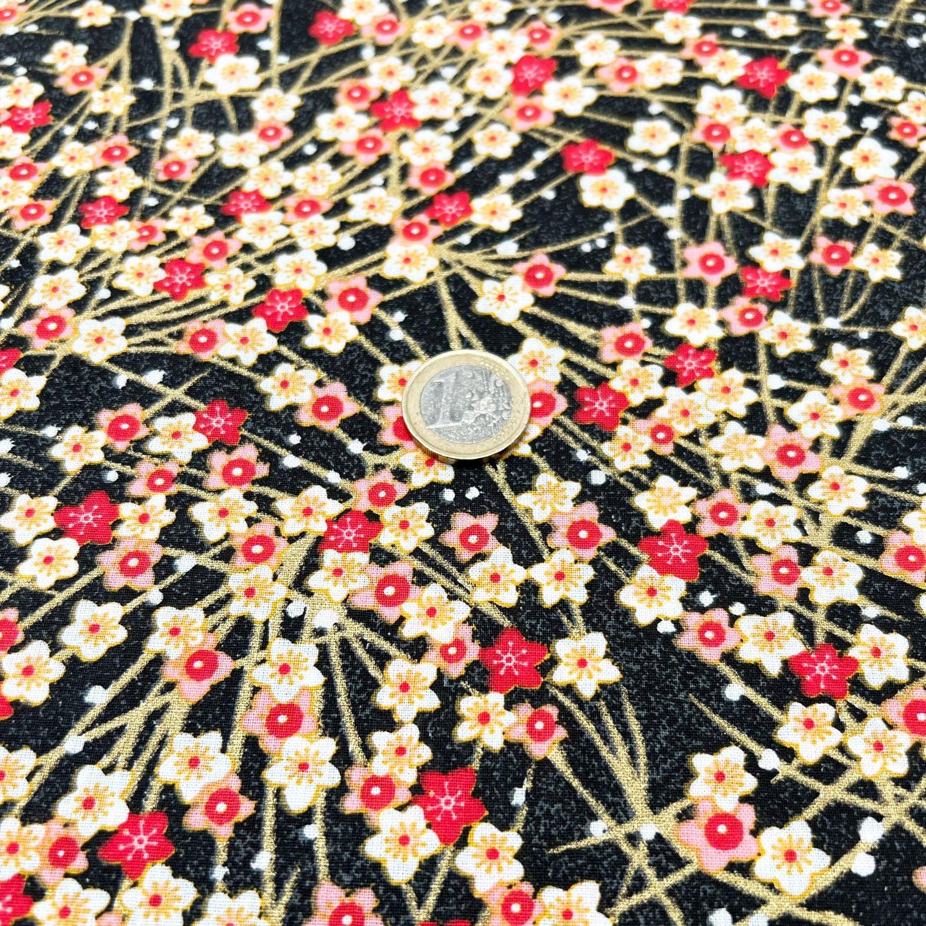 Tissu Popeline de coton fleurs japonais rouge et doré