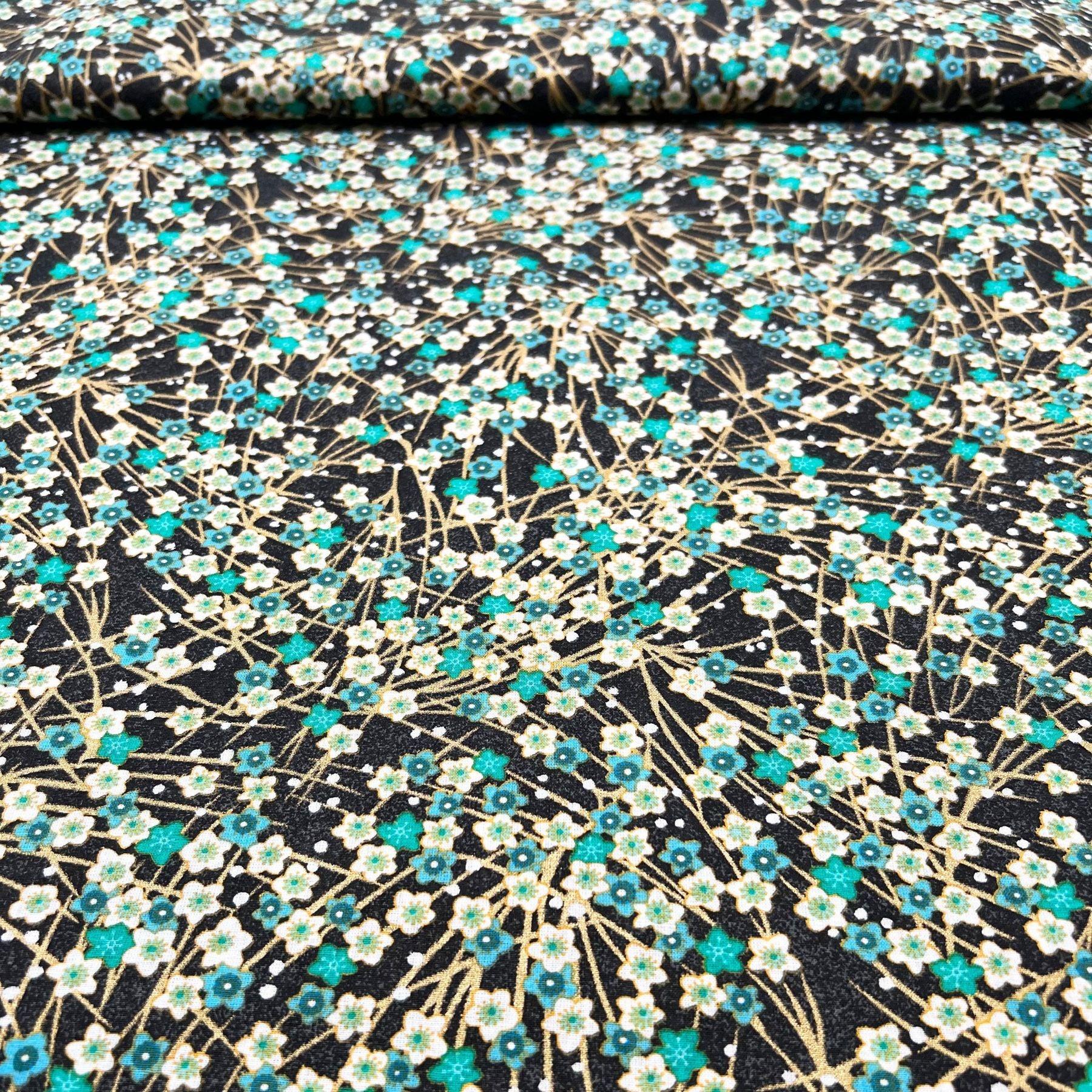 Tissu Popeline de coton fleurs japonais turquoise et doré