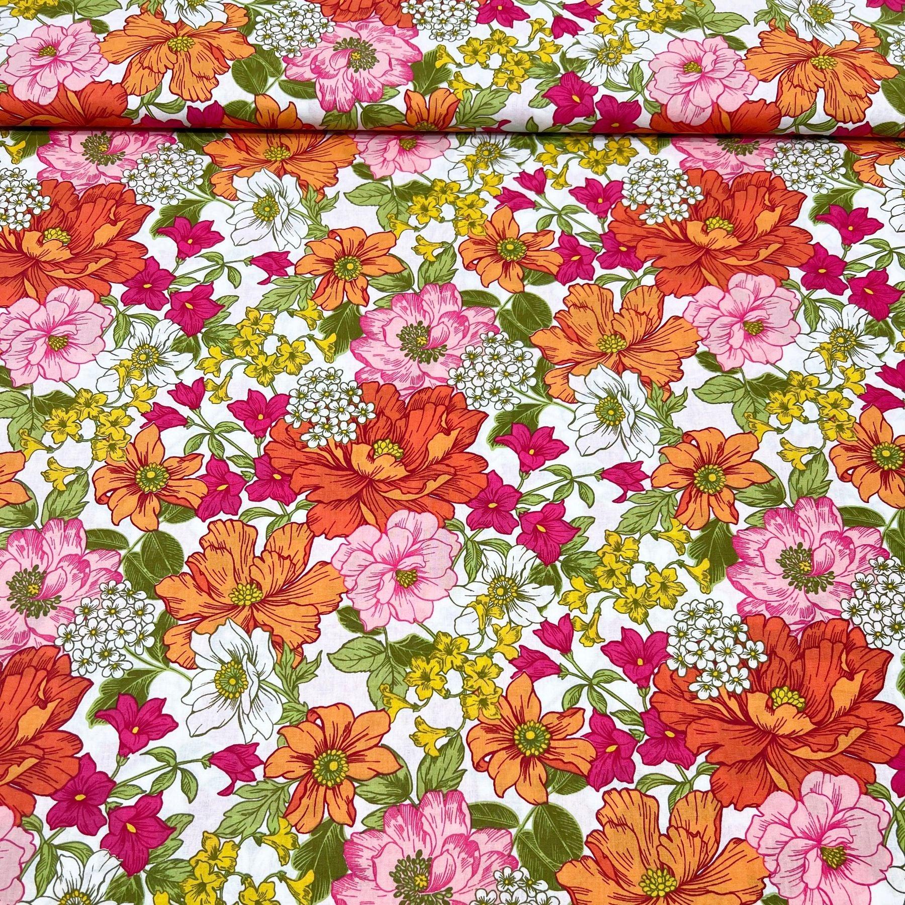 Tissu Popeline de coton fleurs seventies