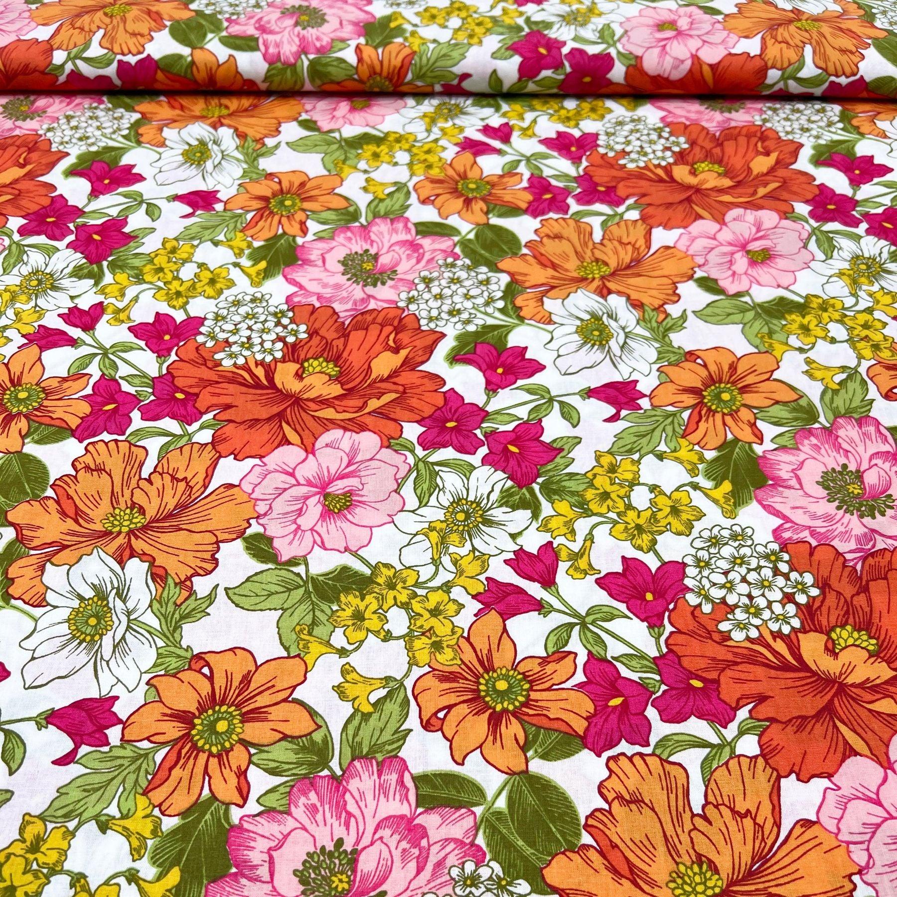 Tissu Popeline de coton fleurs seventies