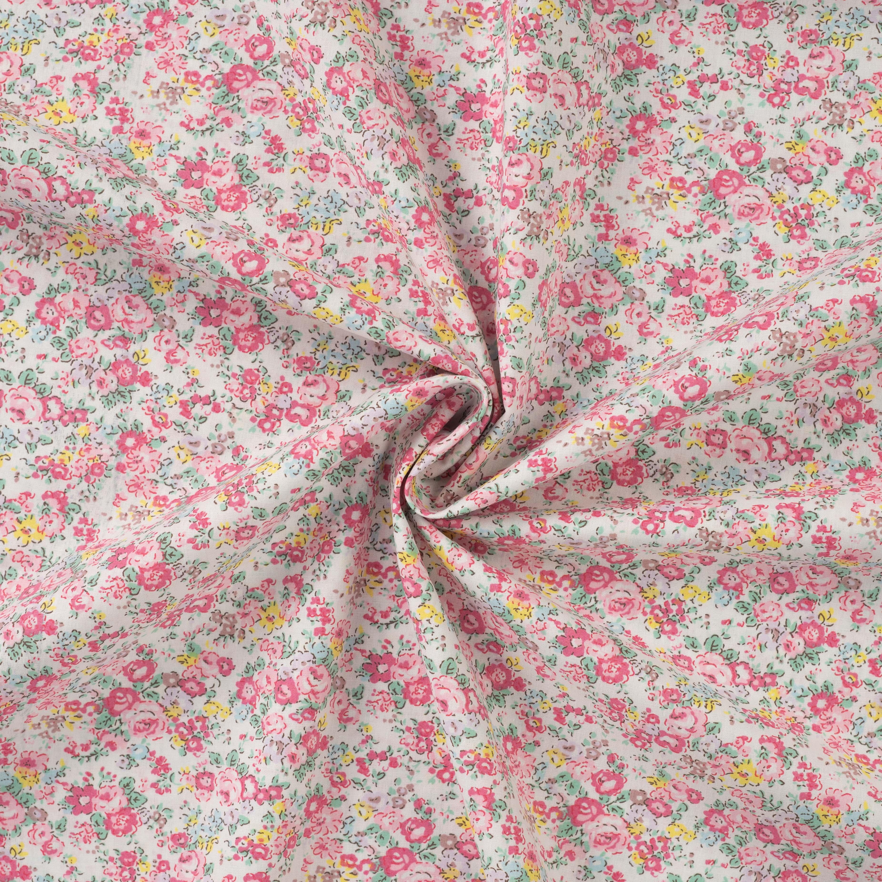 Tissu Popeline de coton floral rose 