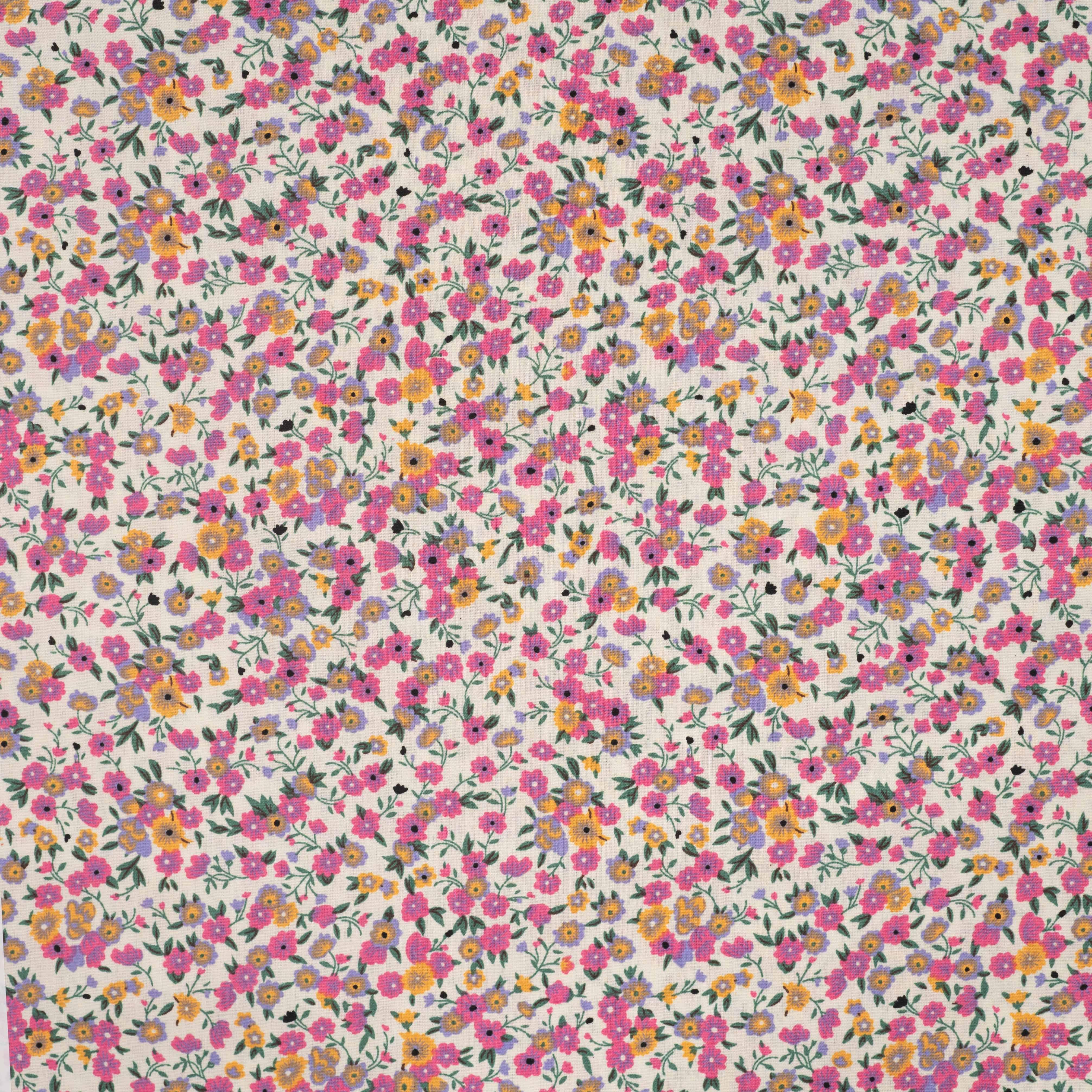 Tissu Popeline de coton floral rose et jaune