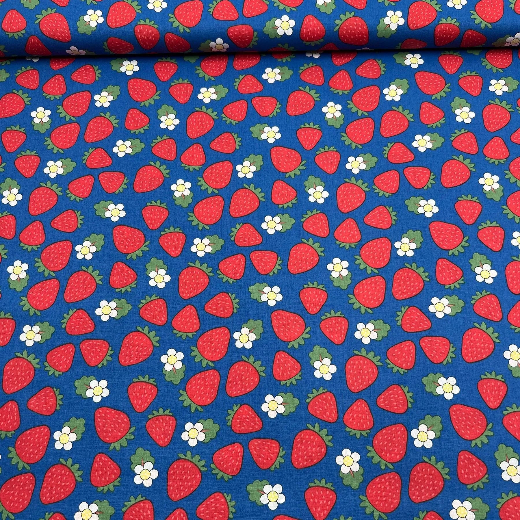 Tissu Popeline de coton Fraise et Marguerite