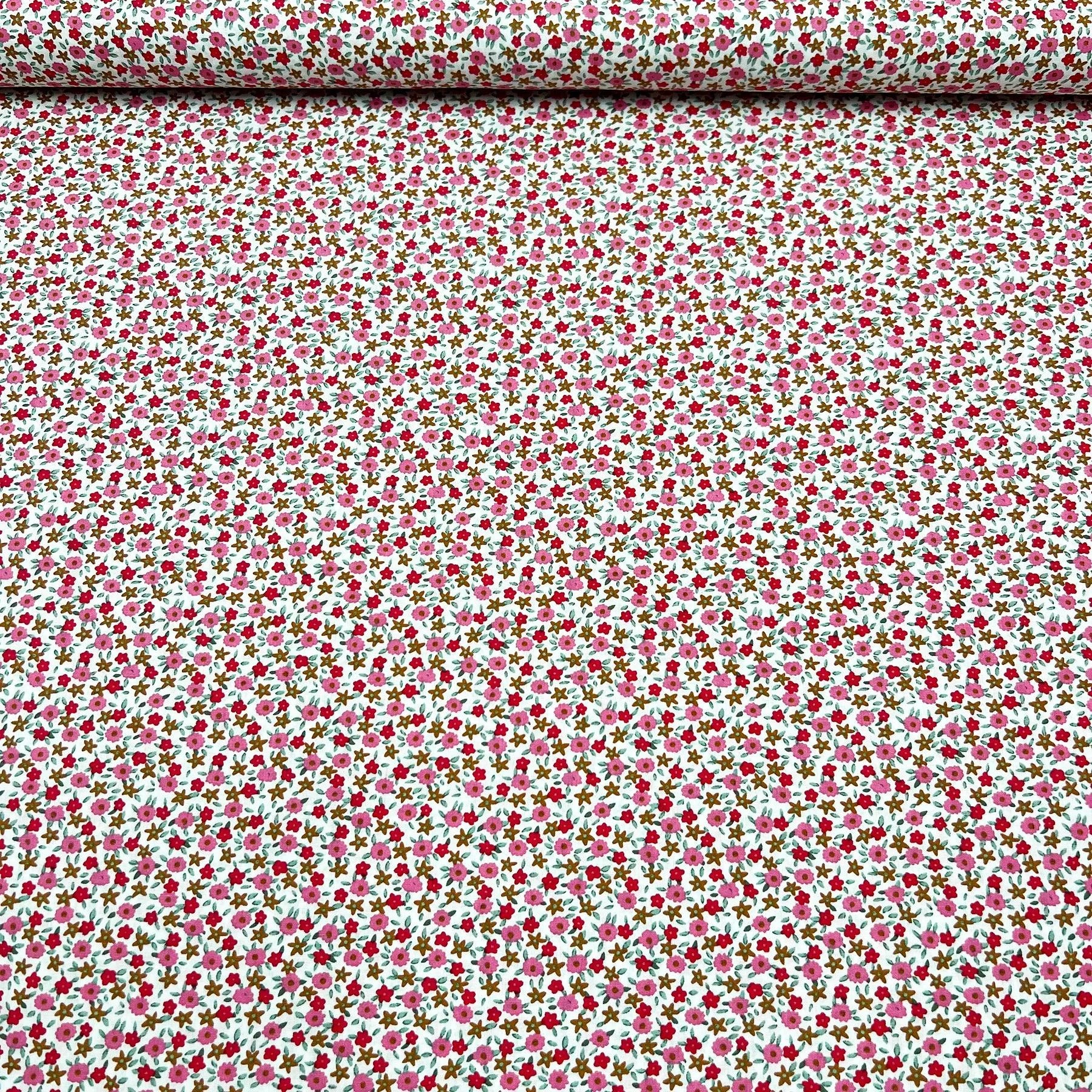 Tissu Popeline de coton petites fleurs roses et rouges