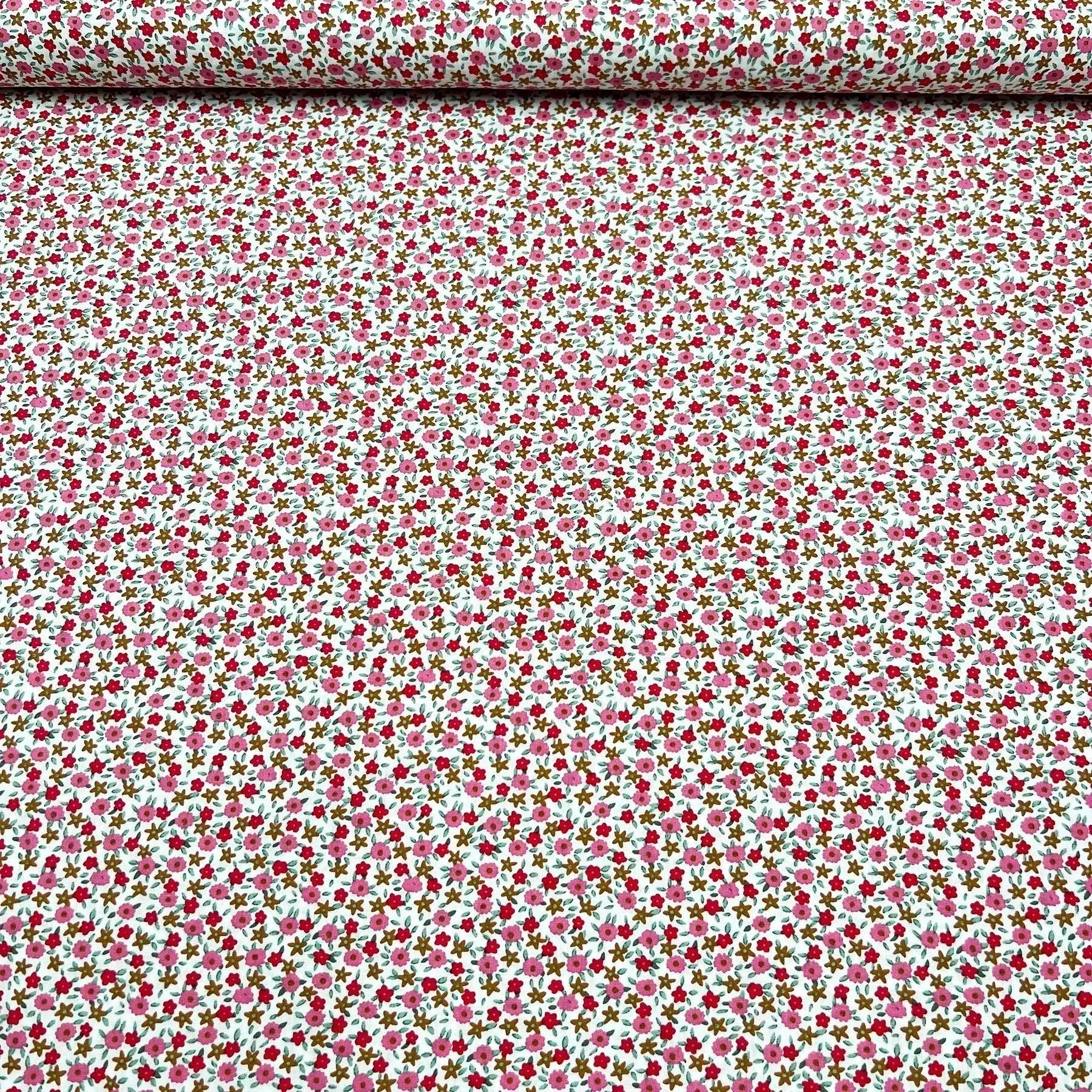 Tissu Popeline de coton petites fleurs roses et rouges