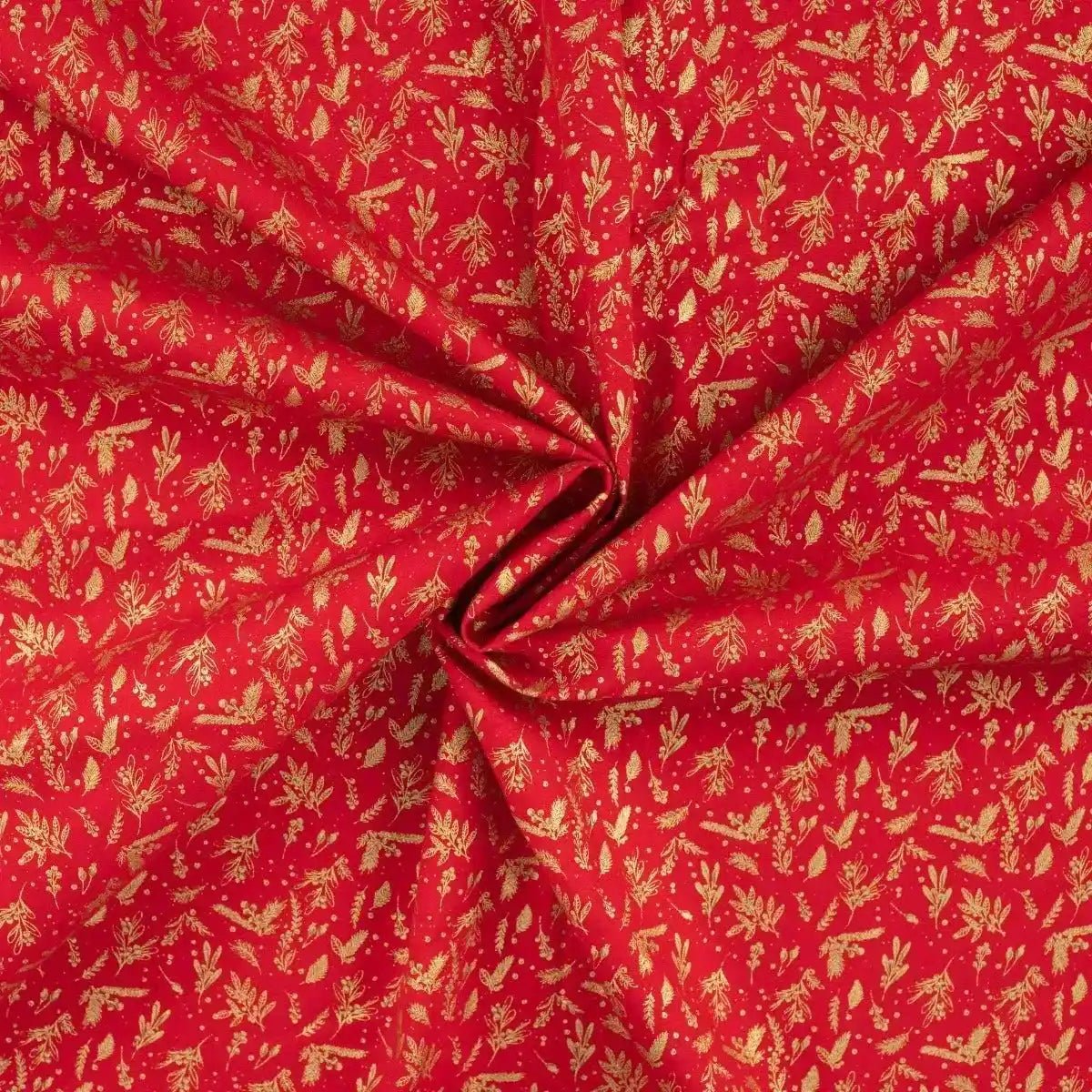 Tissu Popeline de Coton Rouge Noël avec des Feuilles de Gui Dorées