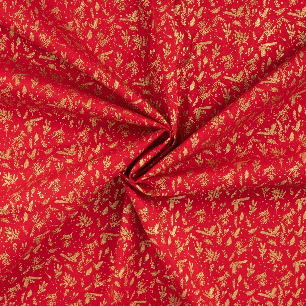 Tissu Popeline de Coton Rouge Noël avec des Feuilles de Gui Dorées