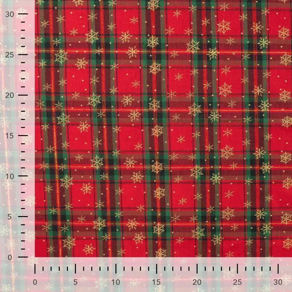 Tissu Popeline de Coton Tartan Rouge avec des Flocons Dorés de Noël