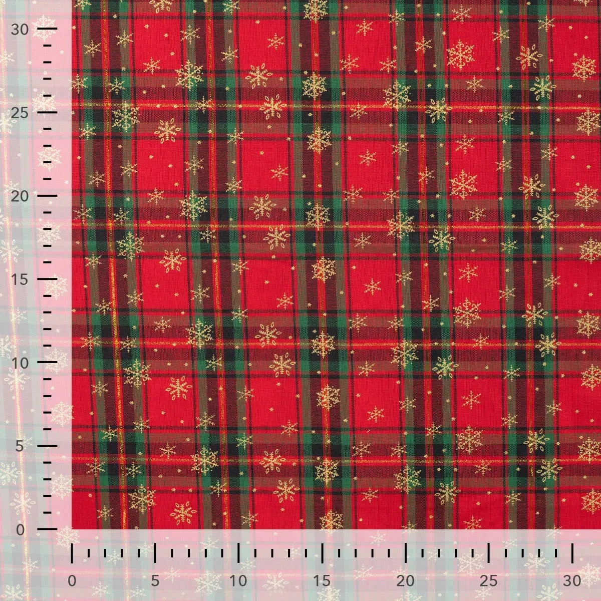 Tissu Popeline de Coton Tartan Rouge avec des Flocons Dorés de Noël