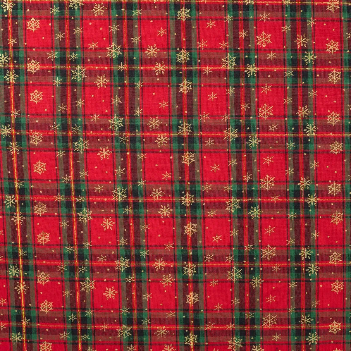 Tissu Popeline de Coton Tartan Rouge avec des Flocons Dorés de Noël