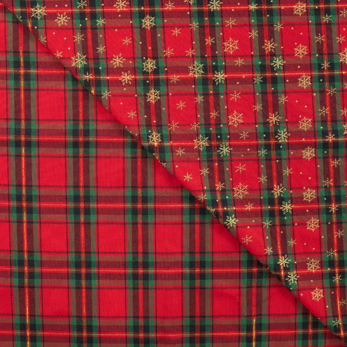 Tissu Popeline de Coton Tartan Rouge avec des Flocons Dorés de Noël