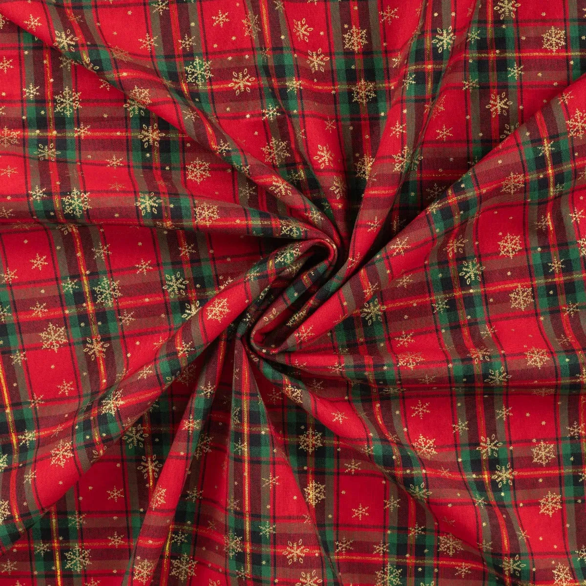 Tissu Popeline de Coton Tartan Rouge avec des Flocons Dorés de Noël