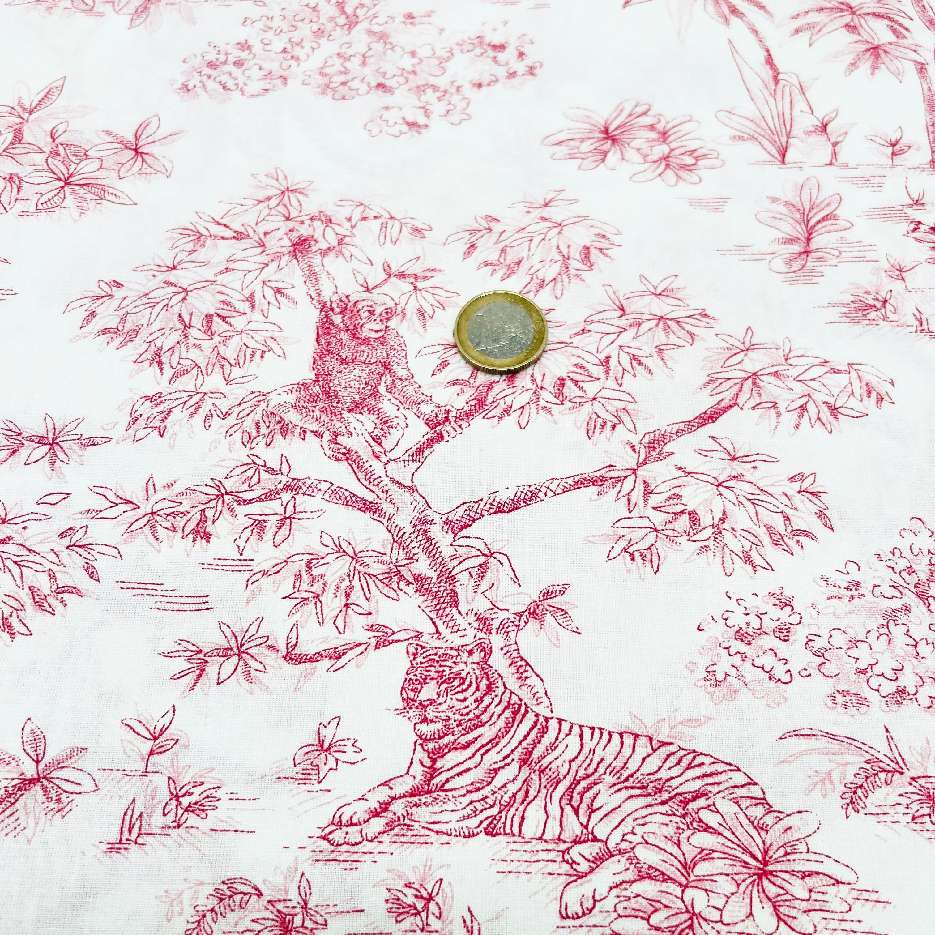 Tissu Popeline de coton toile de jouy rouge animaux