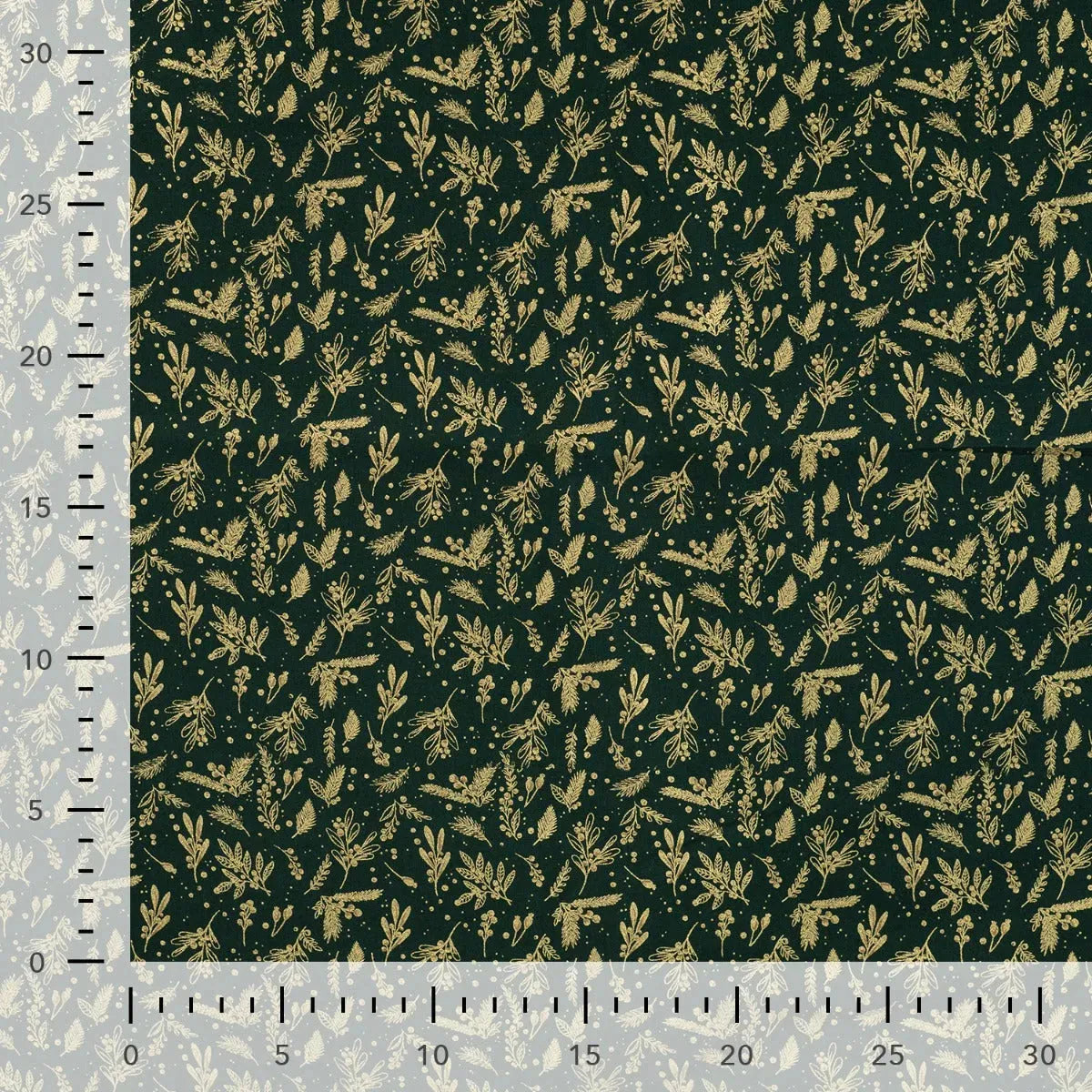 Tissu Popeline de Coton vert Noël avec des Feuilles de Gui Dorées