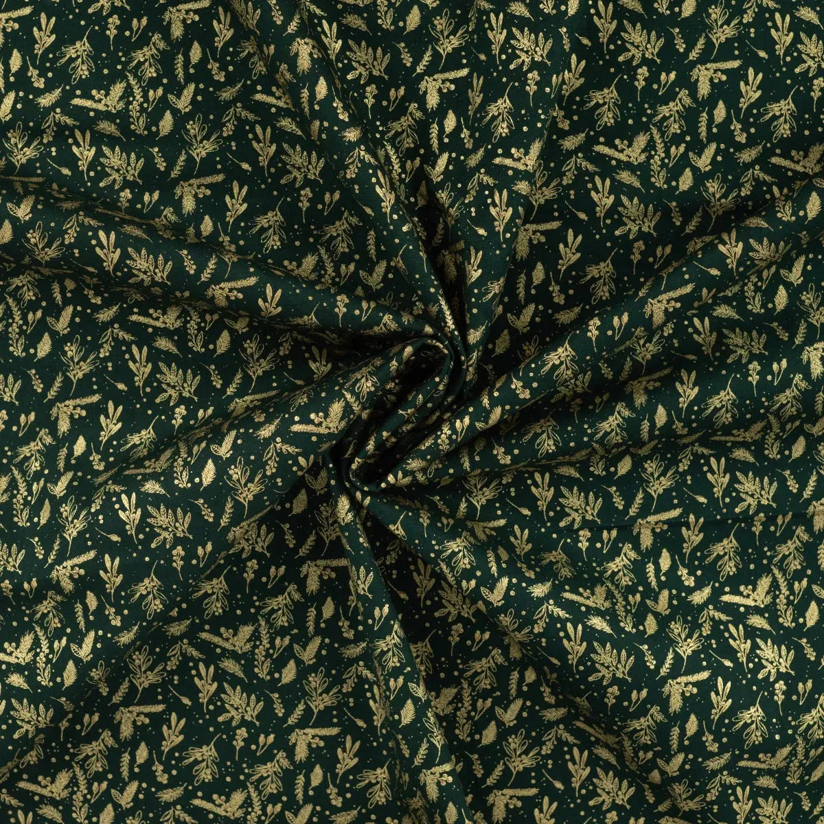 Tissu Popeline de Coton vert Noël avec des Feuilles de Gui Dorées