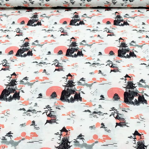 Tissu Popeline Japonais Pagode et Soleil Couchant