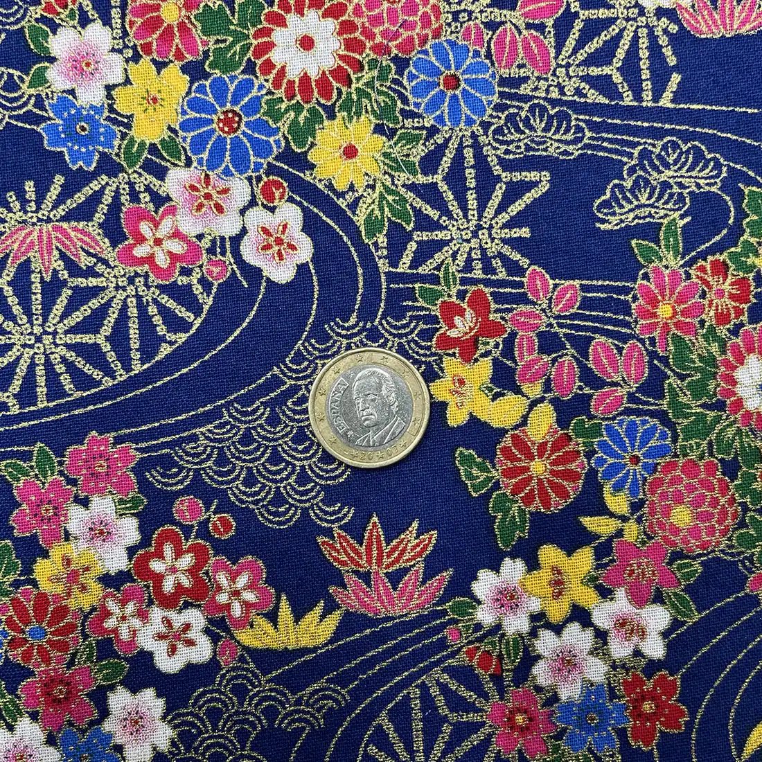 Tissu Popeline Motif Floral Japonais Bleu