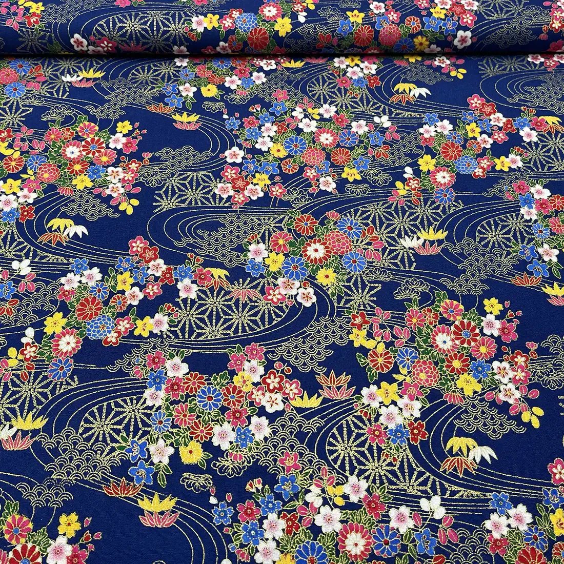 Tissu Popeline Motif Floral Japonais Bleu