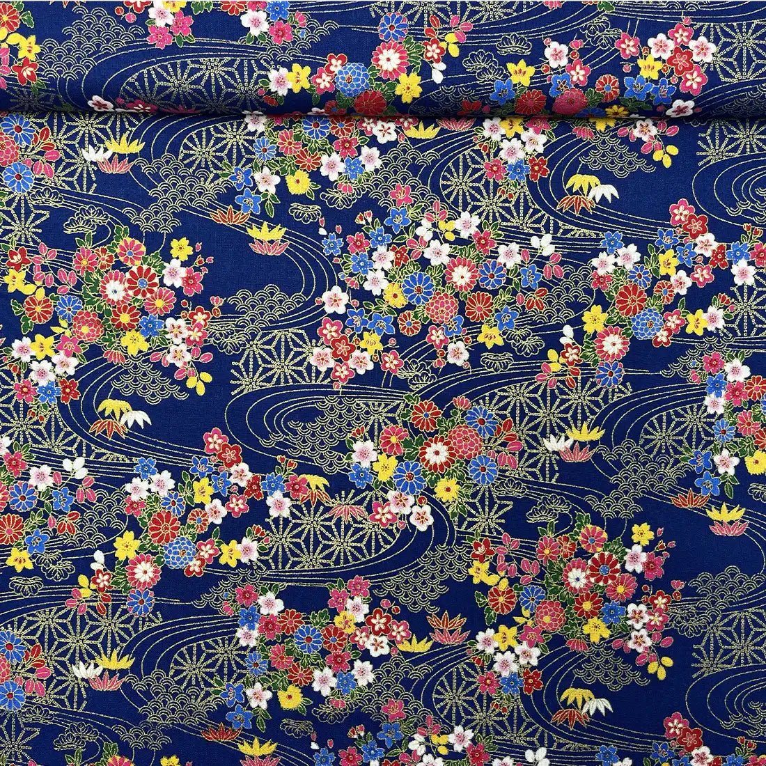 Tissu Popeline Motif Floral Japonais Bleu