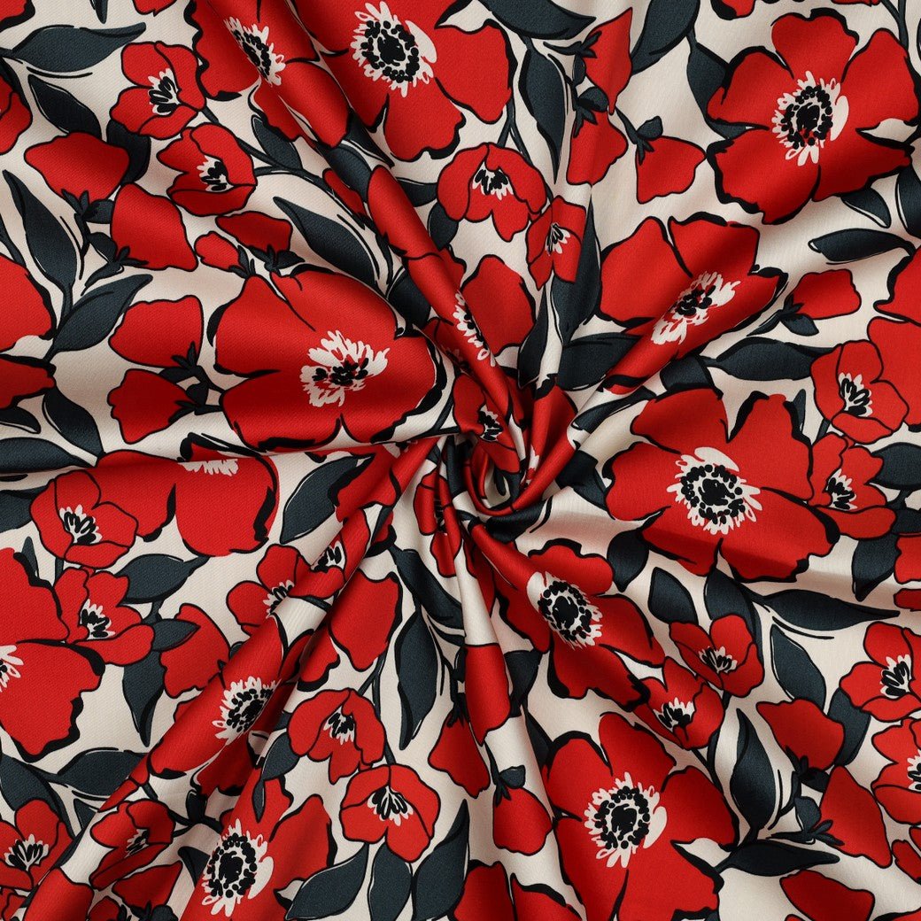 Tissu satin de coton à fleurs rouges