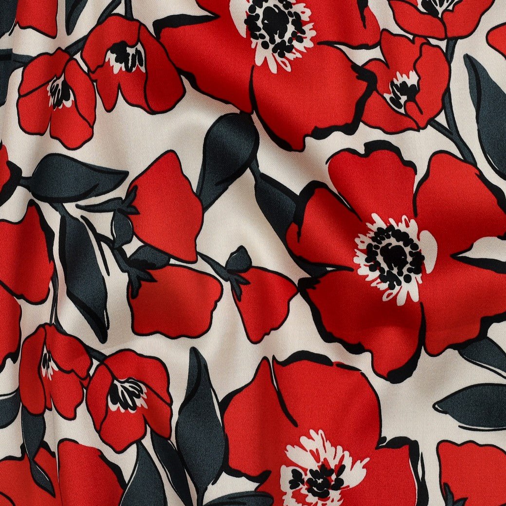 Tissu satin de coton à fleurs rouges