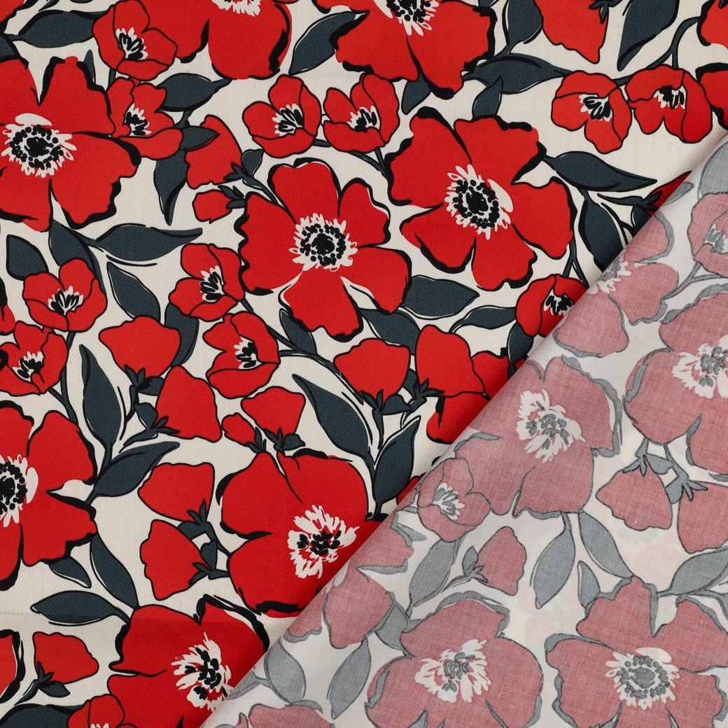 Tissu satin de coton à fleurs rouges